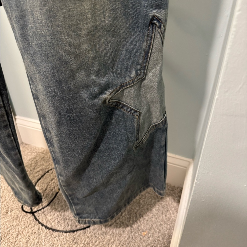 New Cali 1850 star patched low rise baggy blue jeans Sz 11 denim 30 tinted wash - Picture 9 of 16